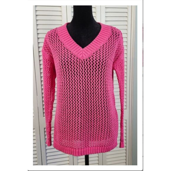 Talbots Mesh Sweater Small PETITE Hot Pink Pullover Beachy Sheer Crochet Cover - Picture 1 of 10